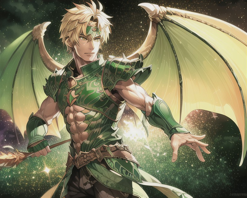 A man wearing (green armor), DragoonArmor1, (dragon wings), (symmetrical wings), epic, fantasy, rpg, solo focus, detailed,...